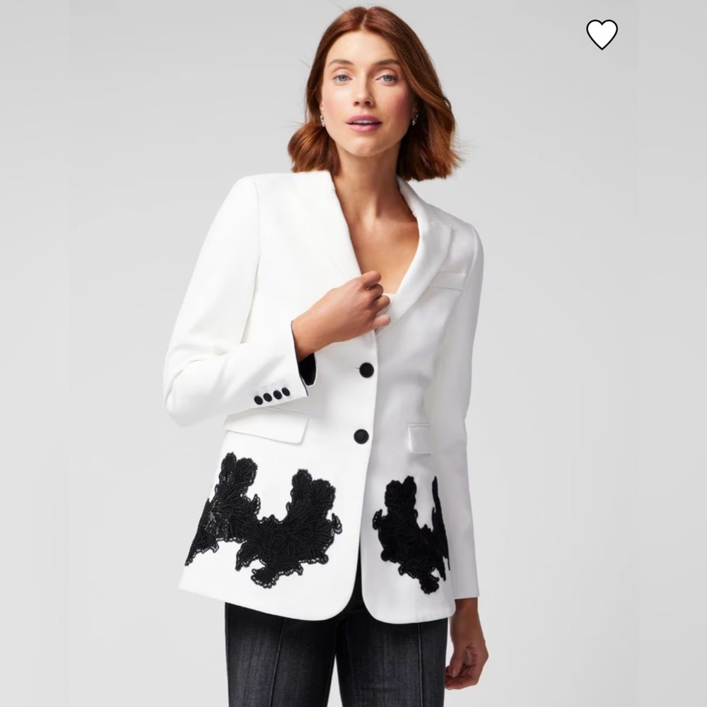 White House Black Market White Blazer with Black Embroidery size 10